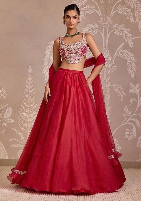 Red Handwork Organza Lehenga Set — view on Indya