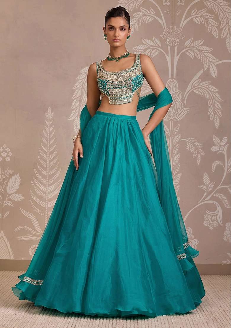 Aqua Green Handwork Organza Lehenga Set for Diwali and Festive Wear - Indya