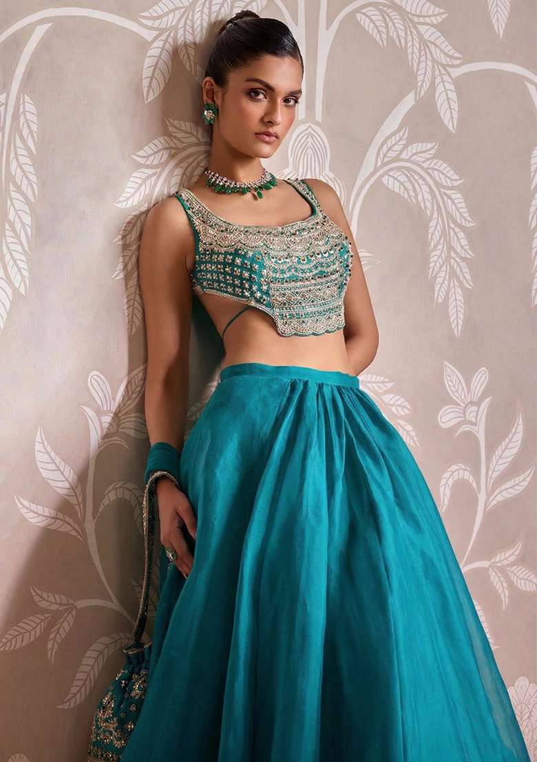 Aqua Green Handwork Organza Lehenga Set for Diwali and Festive Wear - Indya
