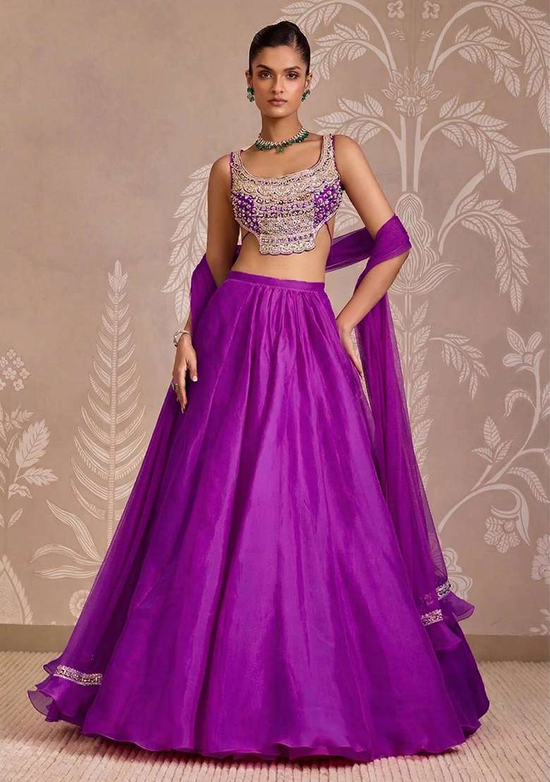 Royal Purple Organza Lehenga Set with Handwork for Diwali | Wedding & Festive Wear - Indya