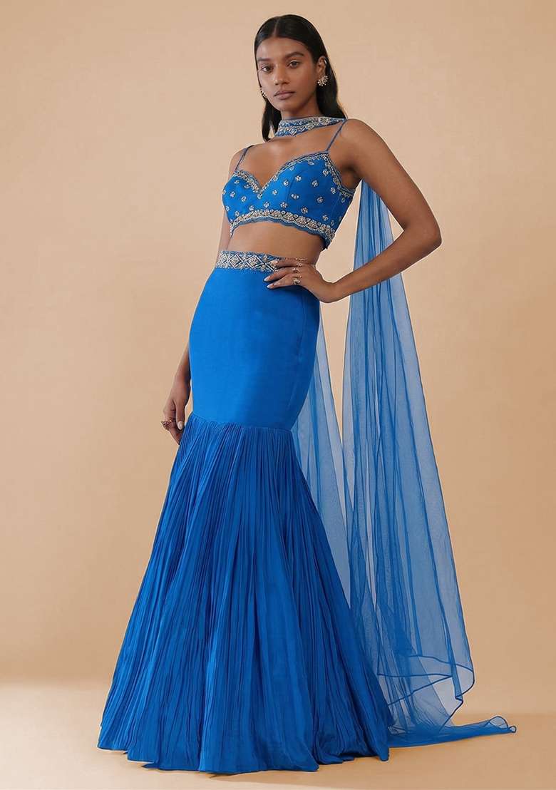 Blue Handwork Crepe Lehenga Set for Diwali and Festive Wear - Indya