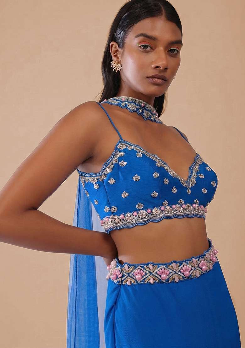 Blue Handwork Crepe Lehenga Set for Diwali and Festive Wear - Indya