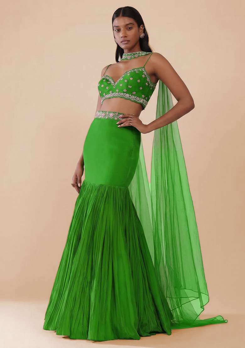 Green Handwork Crepe Lehenga Set for Diwali and Festive Wear - Indya