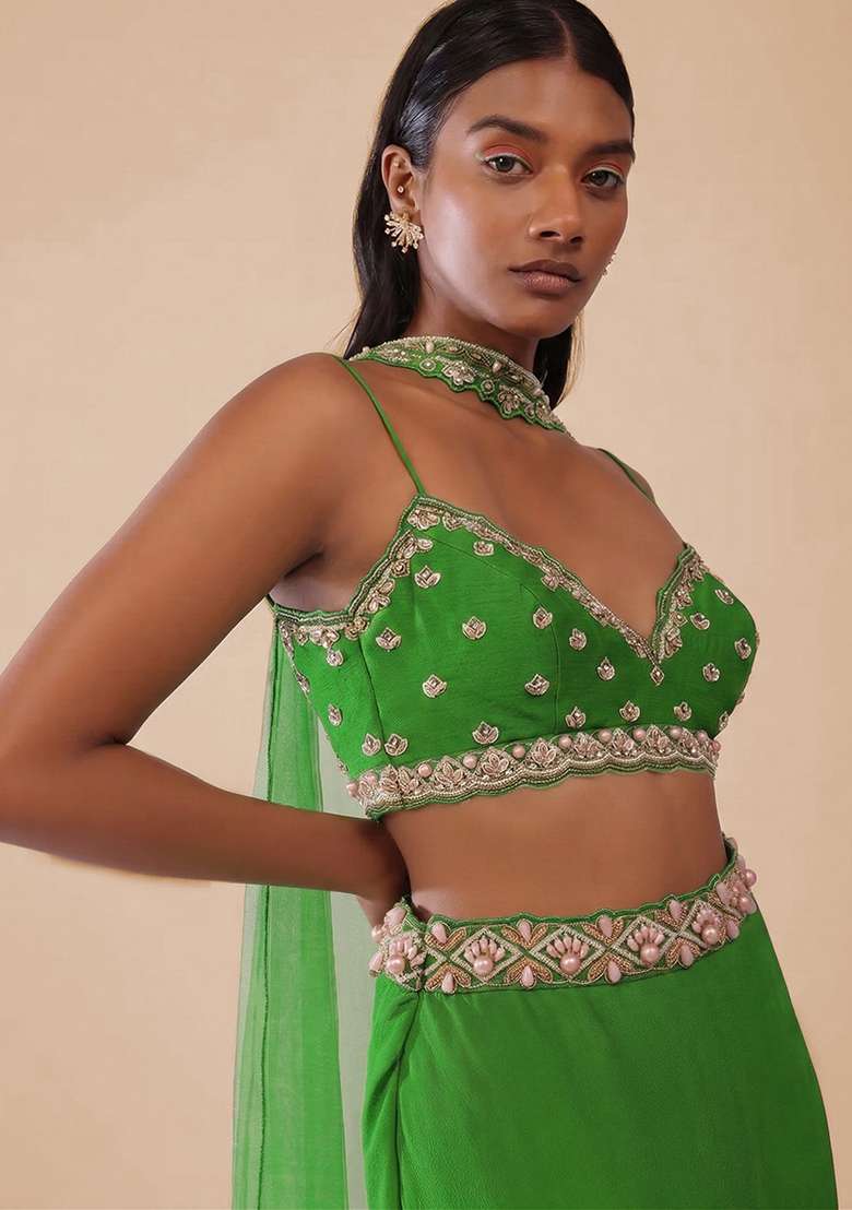 Green Handwork Crepe Lehenga Set for Diwali and Festive Wear - Indya