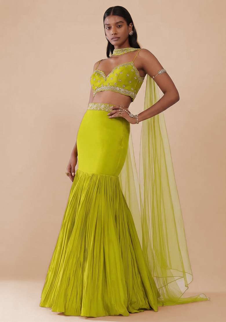 Lime Green Handwork Crepe Lehenga Set for Diwali and Festive Wear - Indya