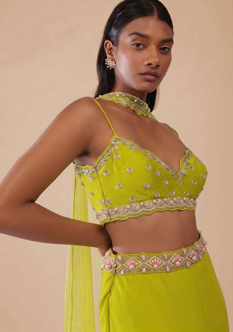 Lime Green Handwork Crepe Lehenga Set for Diwali and Festive Wear - Indya