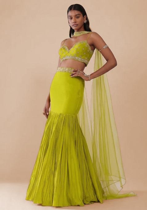 Lime Green Handwork Crepe Lehenga Set