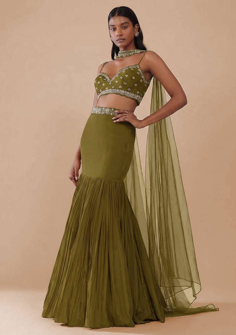 Olive Green Handwork Crepe Lehenga Set for Diwali and Festive Wear - Indya