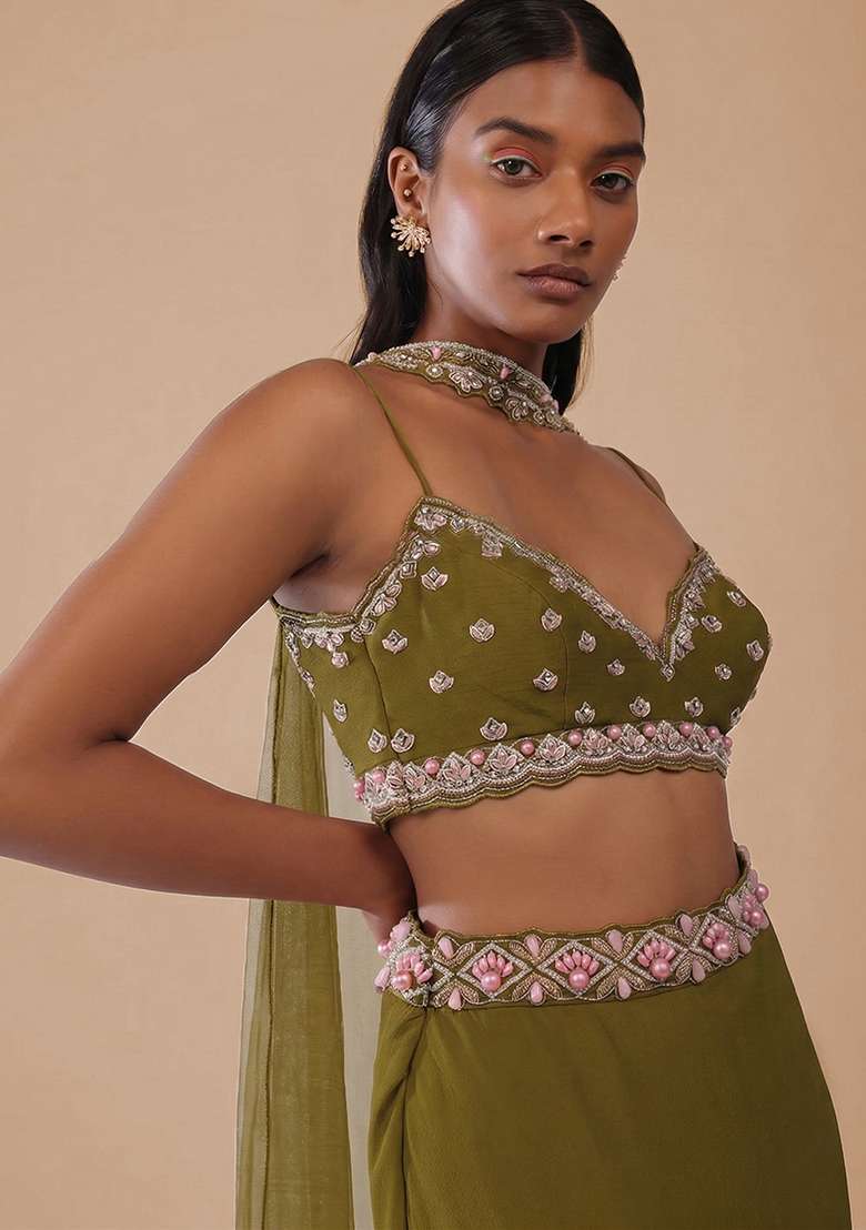 Olive Green Handwork Crepe Lehenga Set for Diwali and Festive Wear - Indya