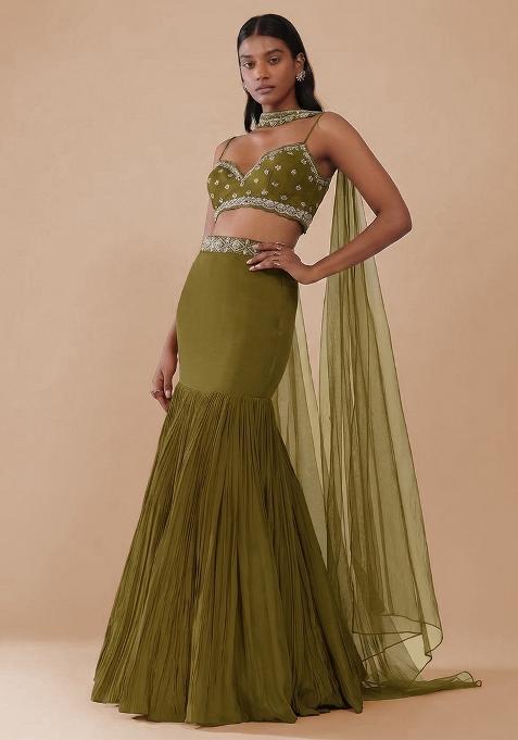 Olive Green Handwork Crepe Lehenga Set