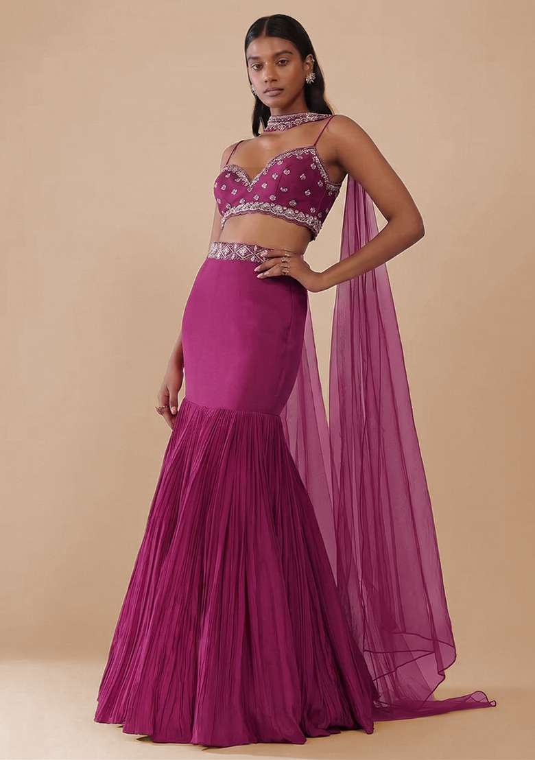 Pink Handwork Crepe Lehenga Set for Diwali and Festive Wear - Indya