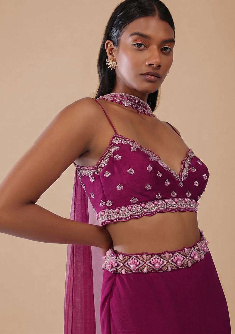 Pink Handwork Crepe Lehenga Set for Diwali and Festive Wear - Indya