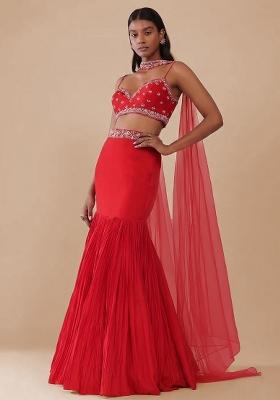 Red Handwork Crepe Lehenga Set