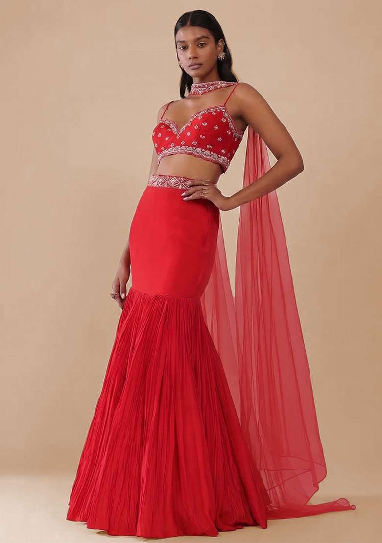 Red Crepe Lehenga Set with Handwork for Diwali | Wedding & Festive Wear - Indya