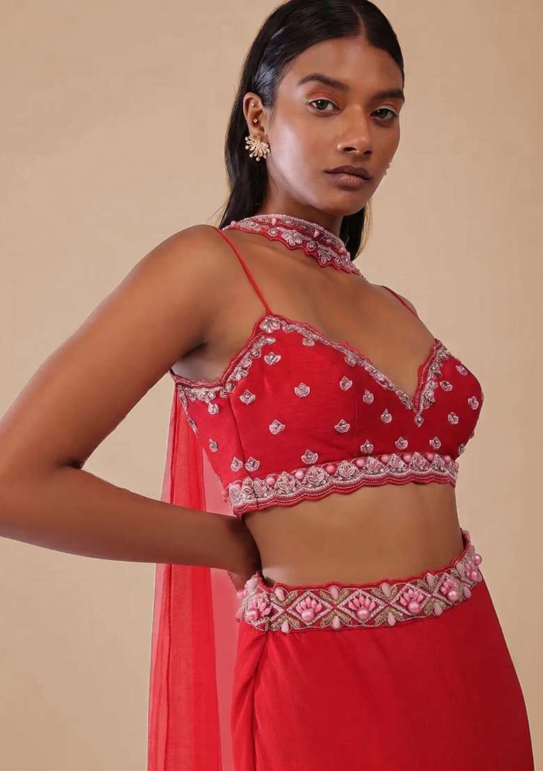 Red Crepe Lehenga Set with Handwork for Diwali | Wedding & Festive Wear - Indya