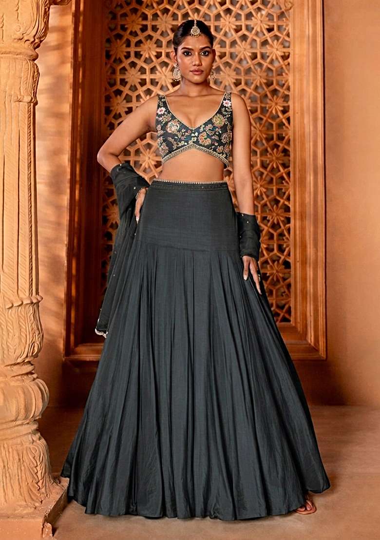 Dark Grey Handwork Crepe Lehenga Set - Indya