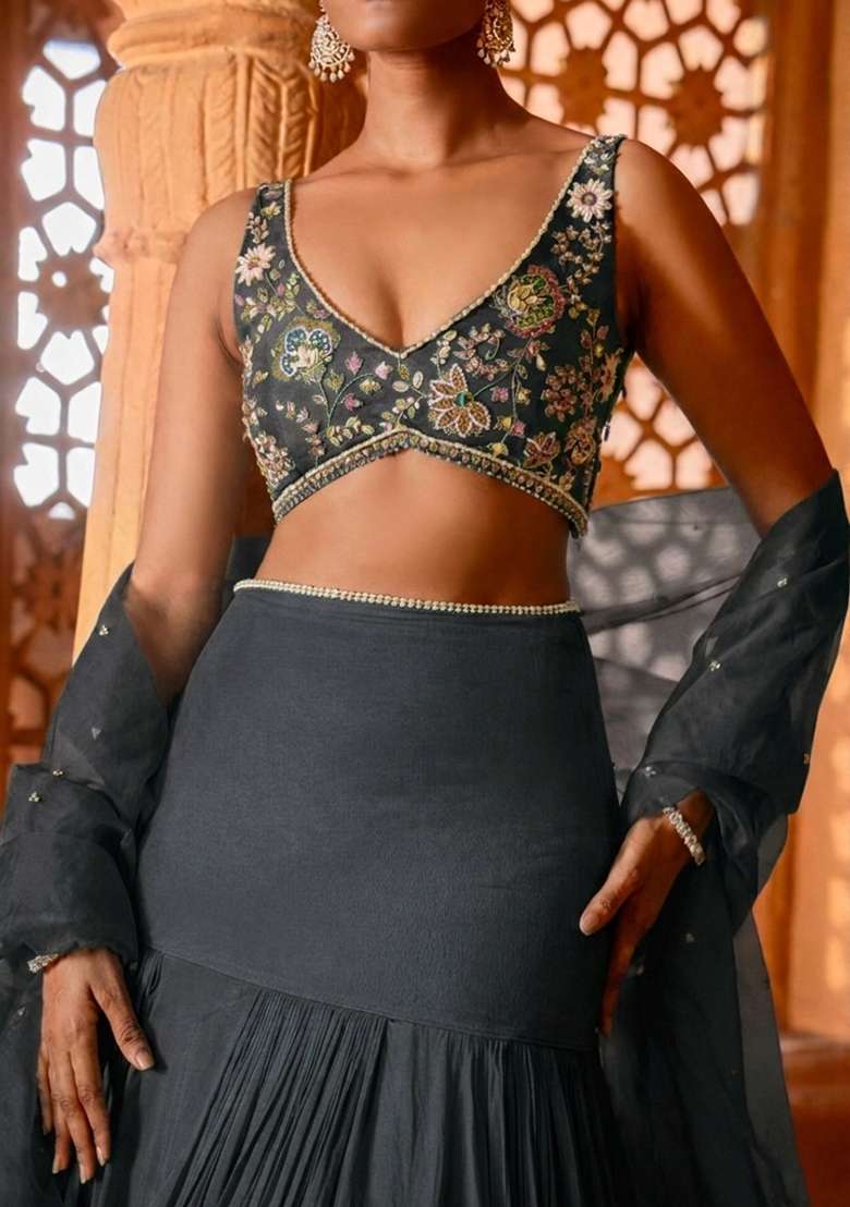 Dark Grey Handwork Crepe Lehenga Set - Indya