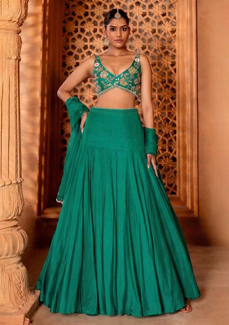 Emerald Green Handwork Crepe Lehenga Set - Indya