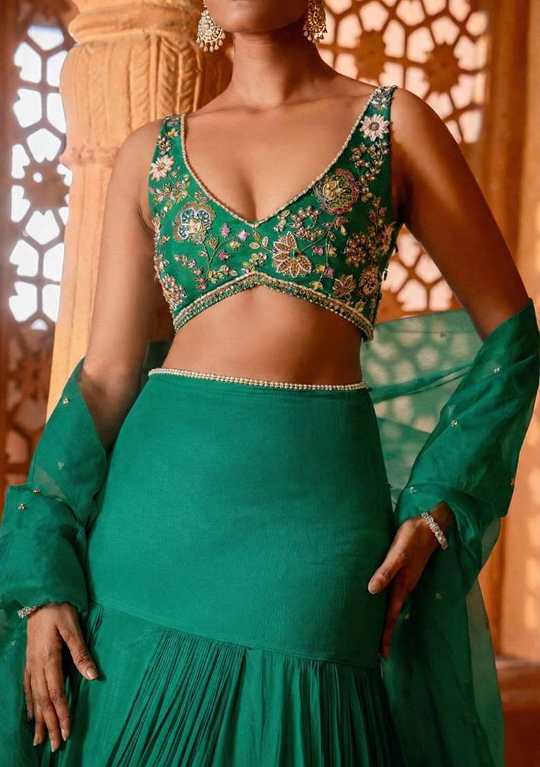 Emerald Green Handwork Crepe Lehenga Set - Indya