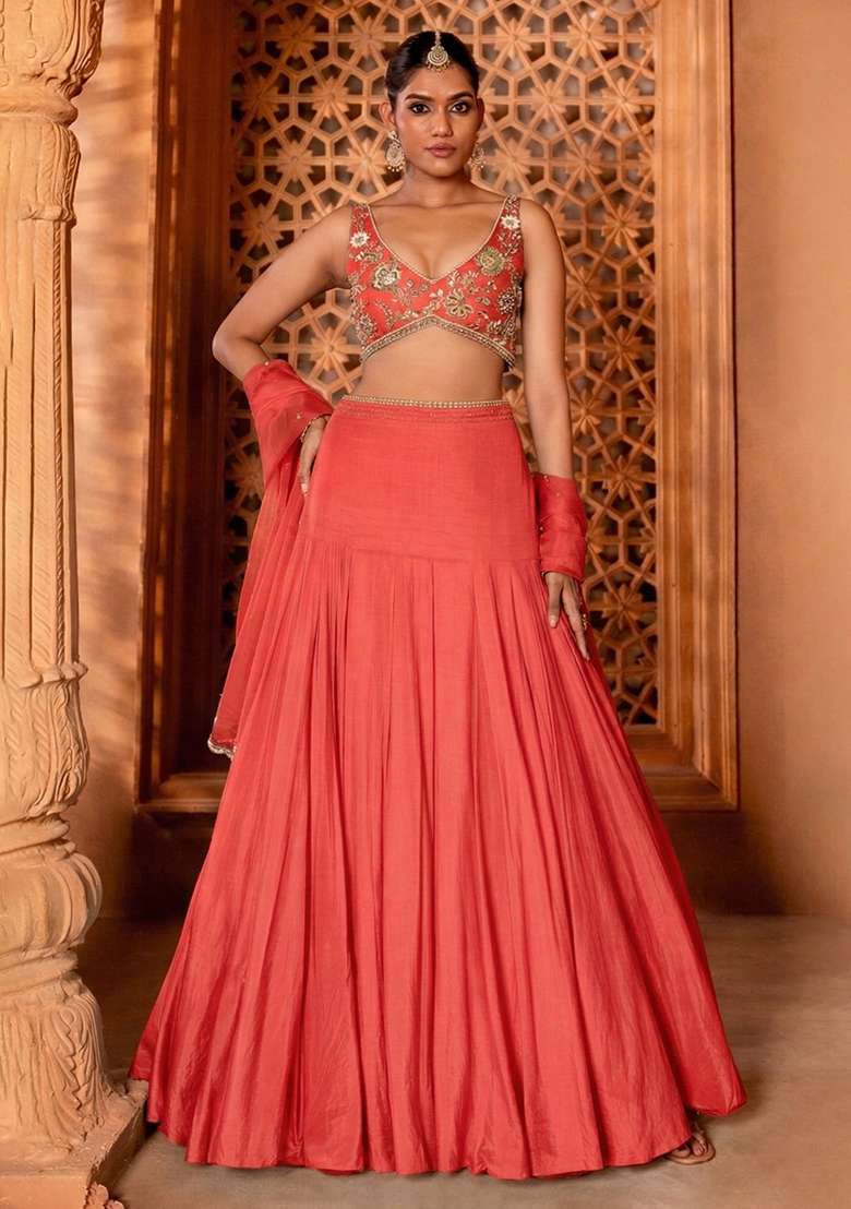 Coral Handwork Crepe Lehenga Set - Indya