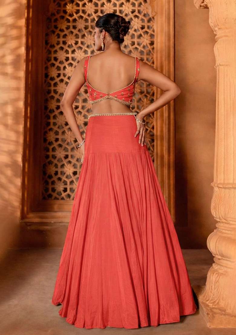 Coral Handwork Crepe Lehenga Set - Indya