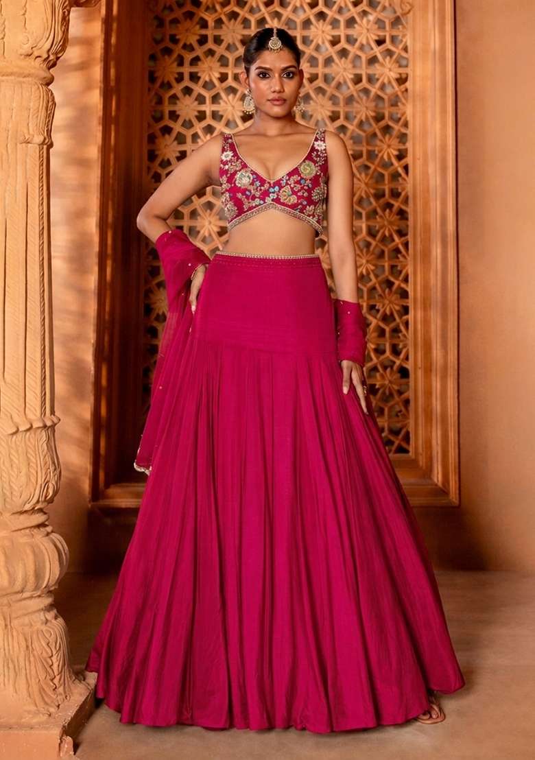 Rani Pink Handwork Crepe Lehenga Set - Indya