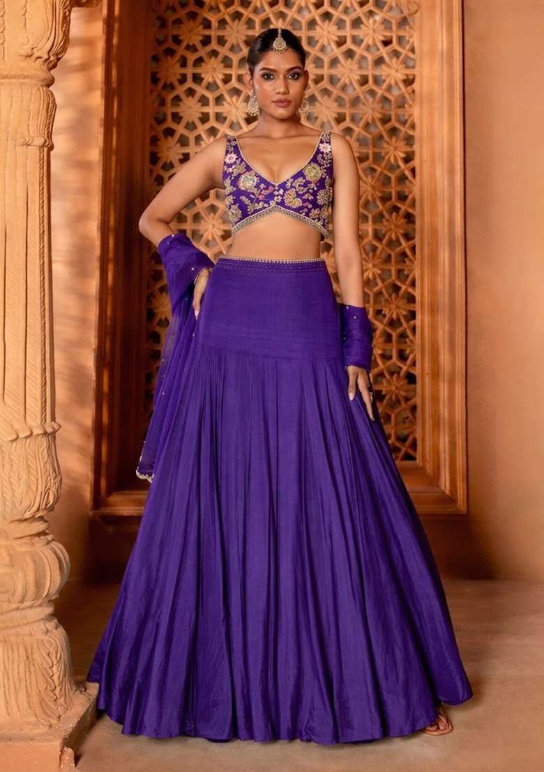Royal Purple Handwork Crepe Lehenga Set - Indya