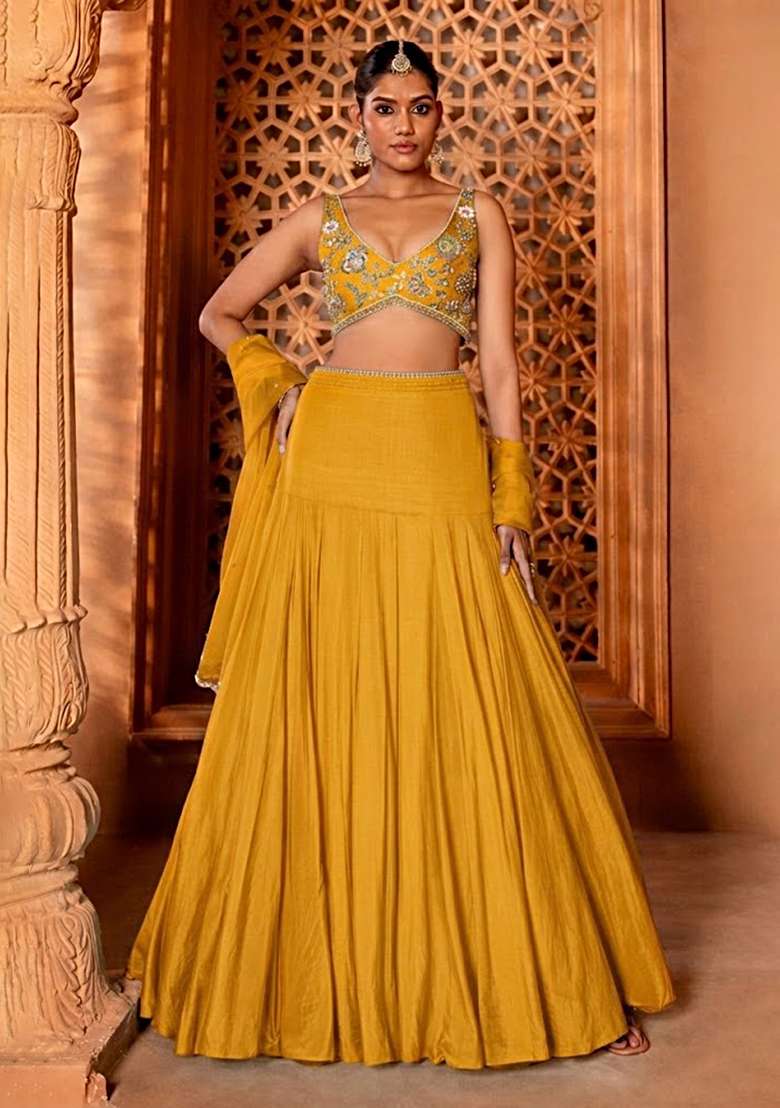 Mustard Handwork Crepe Lehenga Set - Indya