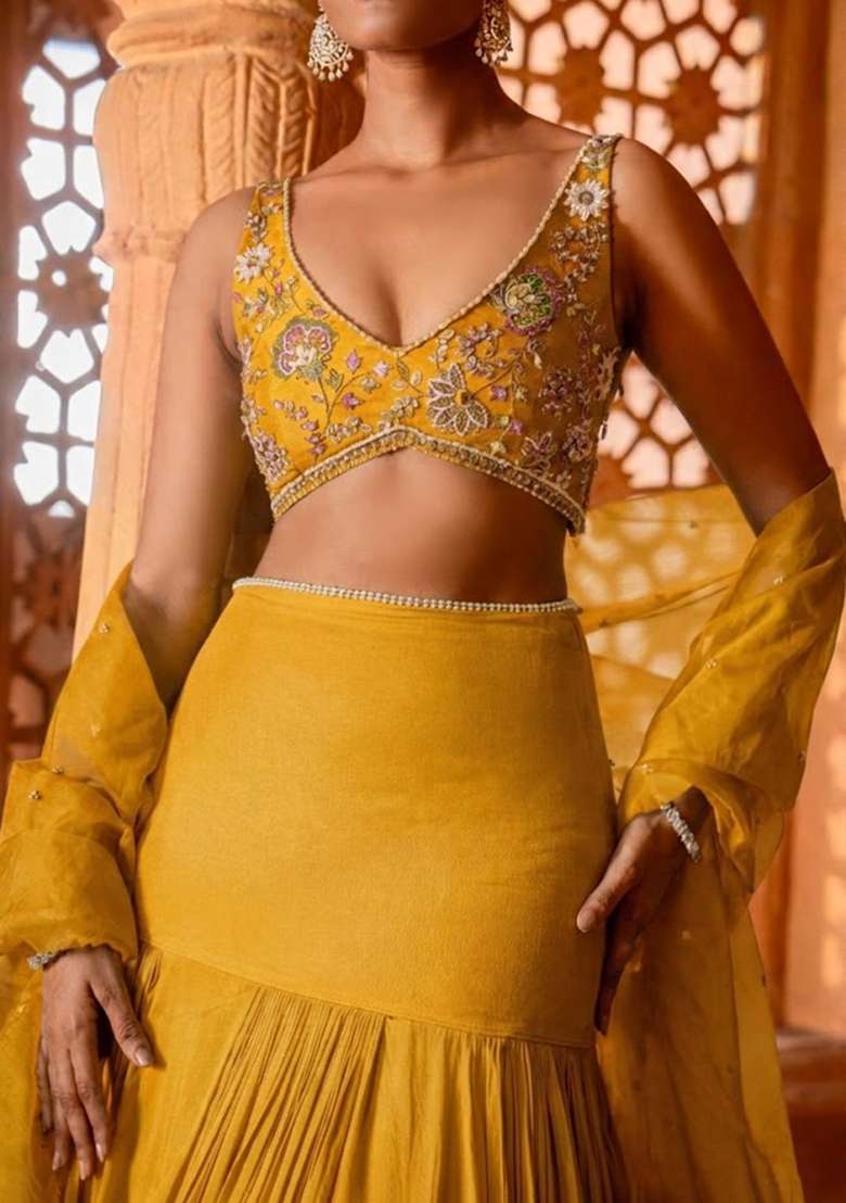 Mustard Handwork Crepe Lehenga Set - Indya