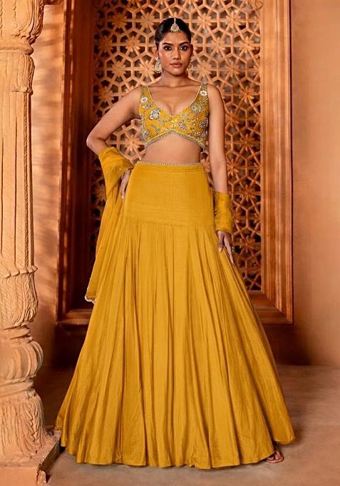 Mustard Handwork Crepe Lehenga Set — view on Indya