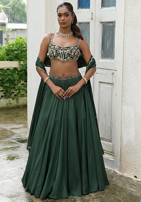 Bottle Green Handwork Crepe Lehenga Set — view on Indya
