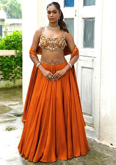 Rust Handwork Crepe Lehenga Set
