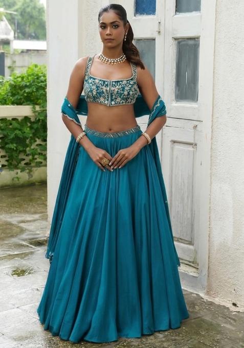 Teal Green Handwork Crepe Lehenga Set