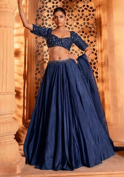 Navy Blue Handwork Crepe Lehenga Set — view on Indya