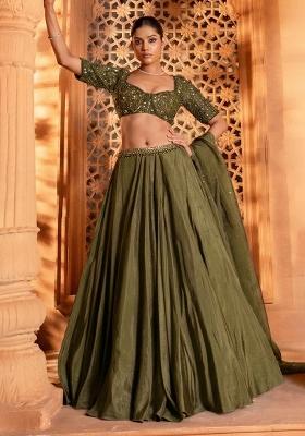Olive Green Handwork Crepe Lehenga Set