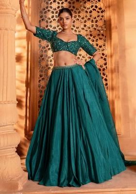 Teal Green Handwork Crepe Lehenga Set