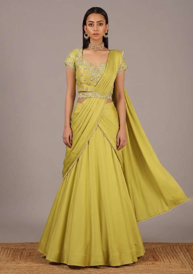 Pastel Yellow Handwork Crepe Lehenga Set - Indya