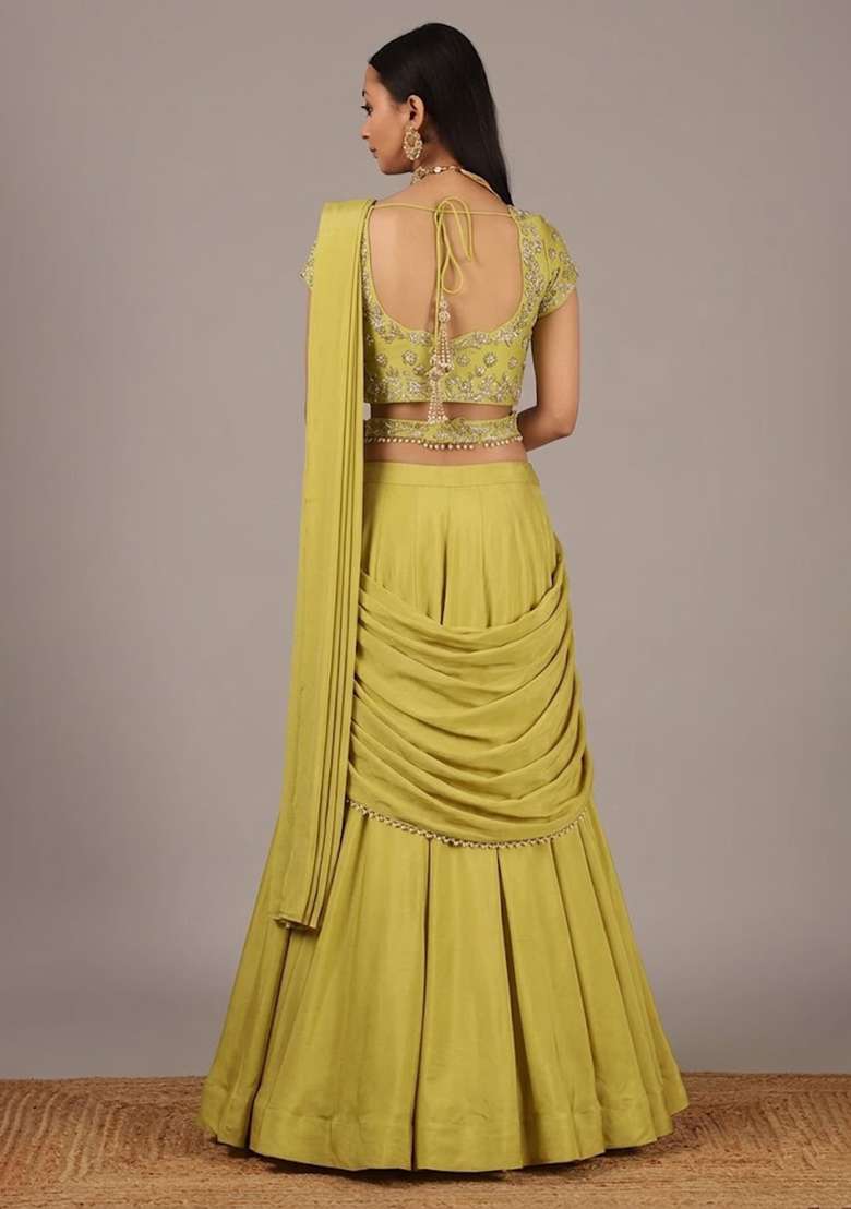 Pastel Yellow Handwork Crepe Lehenga Set - Indya