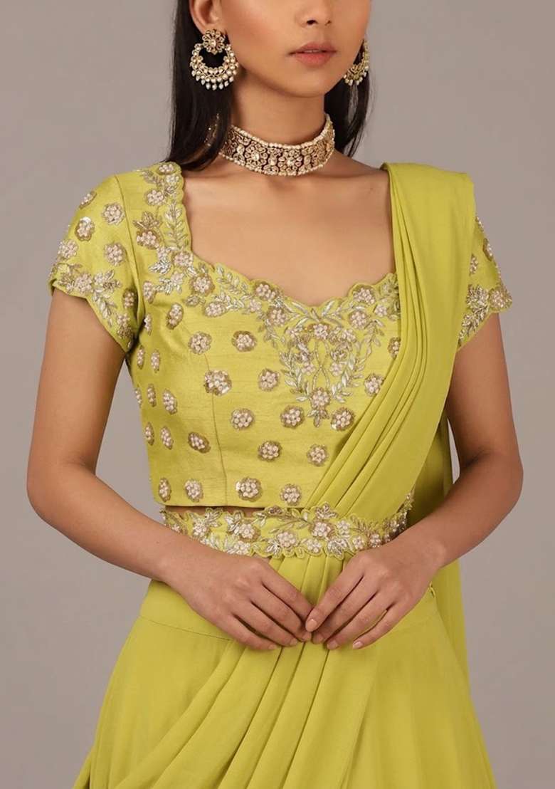 Pastel Yellow Handwork Crepe Lehenga Set - Indya