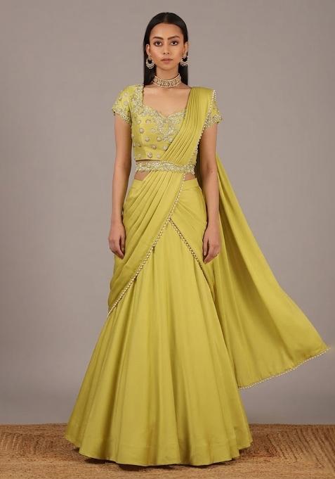 Pastel Yellow Handwork Crepe Lehenga Set — view on Indya