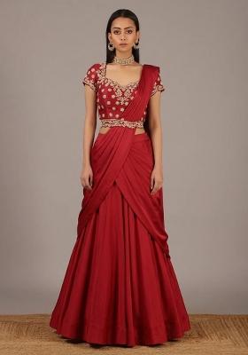 Red Handwork Crepe Lehenga Set