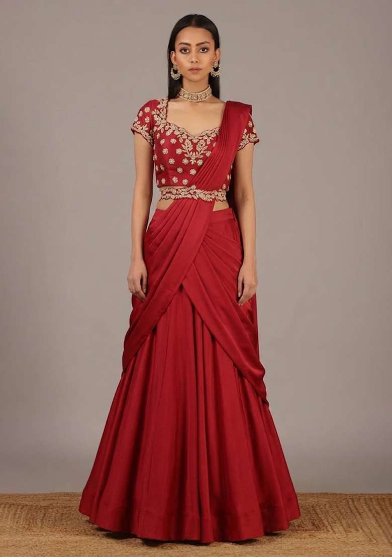 Red Handwork Crepe Lehenga Set - Indya