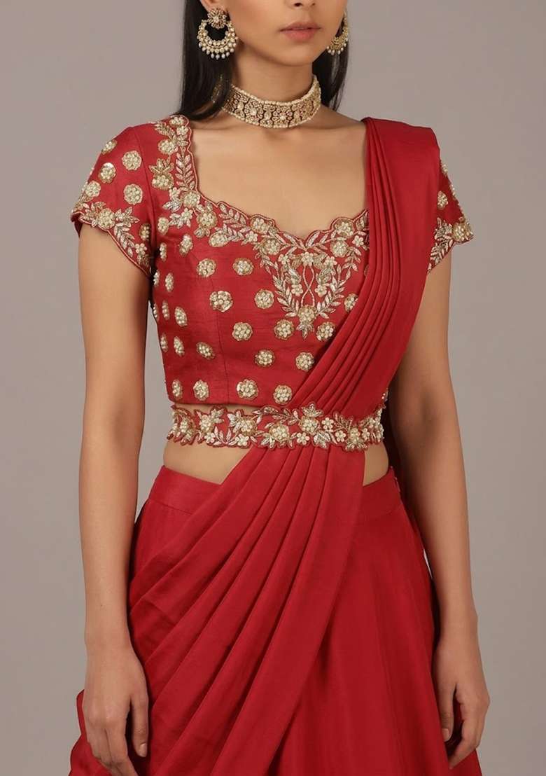 Red Handwork Crepe Lehenga Set - Indya