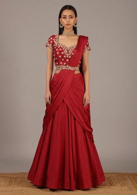 Red Handwork Crepe Lehenga Set