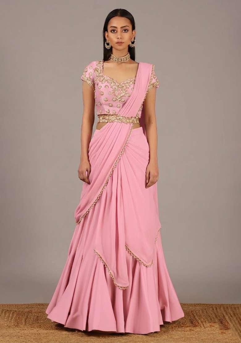 Baby Pink Handwork Crepe Lehenga Set - Indya