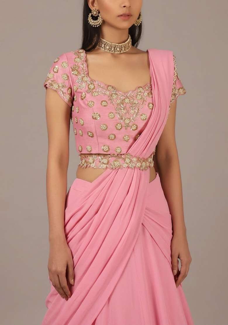 Baby Pink Handwork Crepe Lehenga Set - Indya