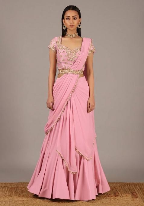 Baby Pink Handwork Crepe Lehenga Set