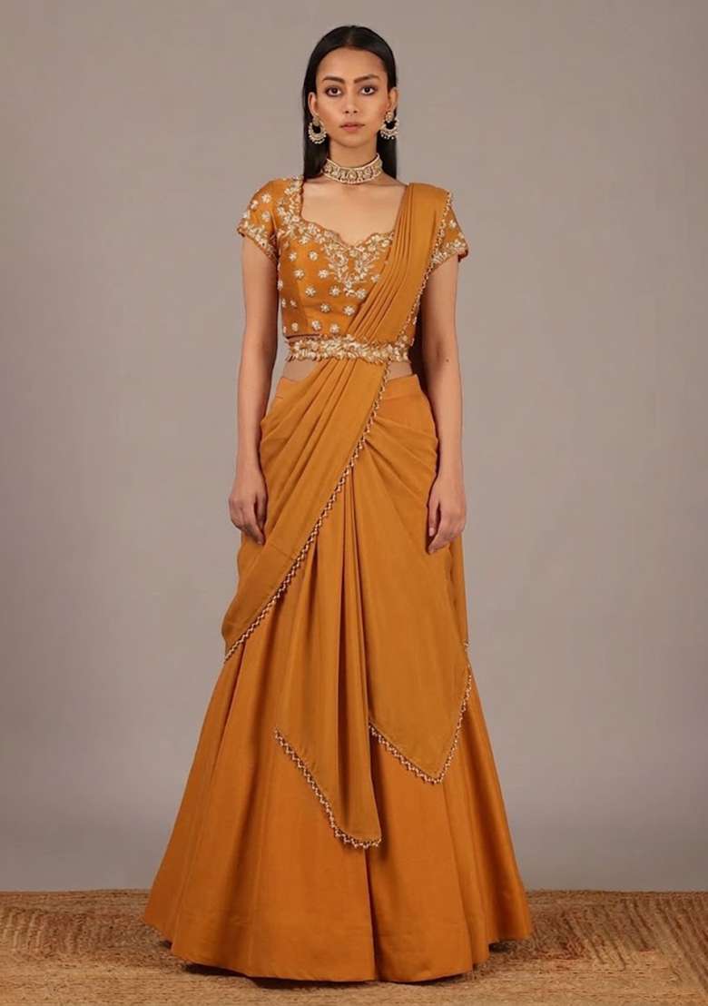 Rust Handwork Crepe Lehenga Set - Indya