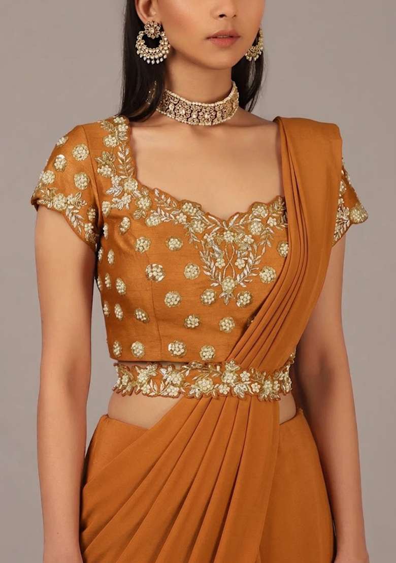 Rust Handwork Crepe Lehenga Set - Indya
