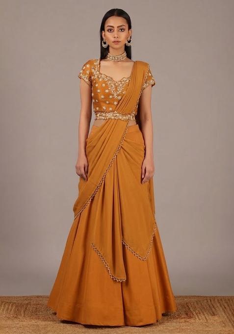 Rust Handwork Crepe Lehenga Set — view on Indya